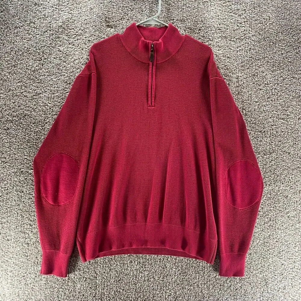 Vintage Orvis Sweater Mens Extra Large Red Quarter Zip Elbow Patches Waffle Knit